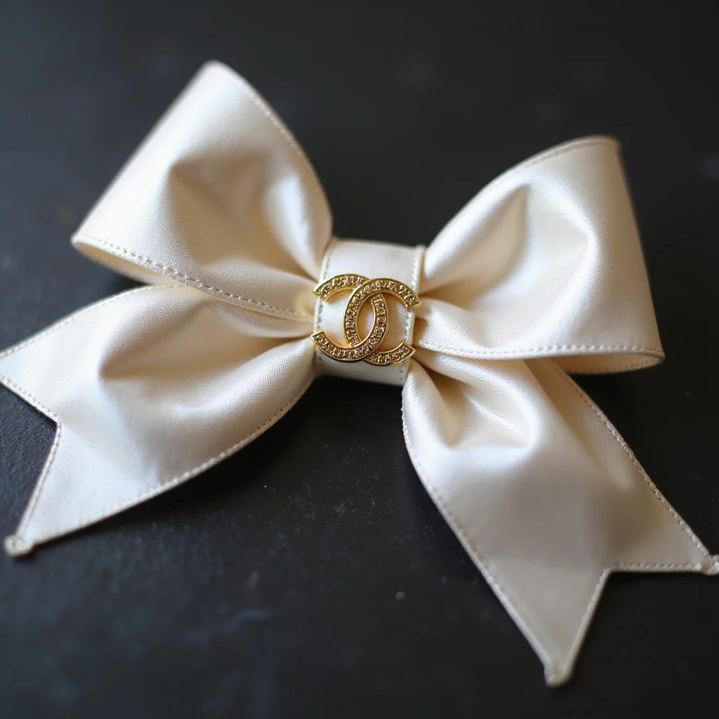 elegant bow with pearls and gold Chanel logo, glossy, soft lighting, realistic style emoji