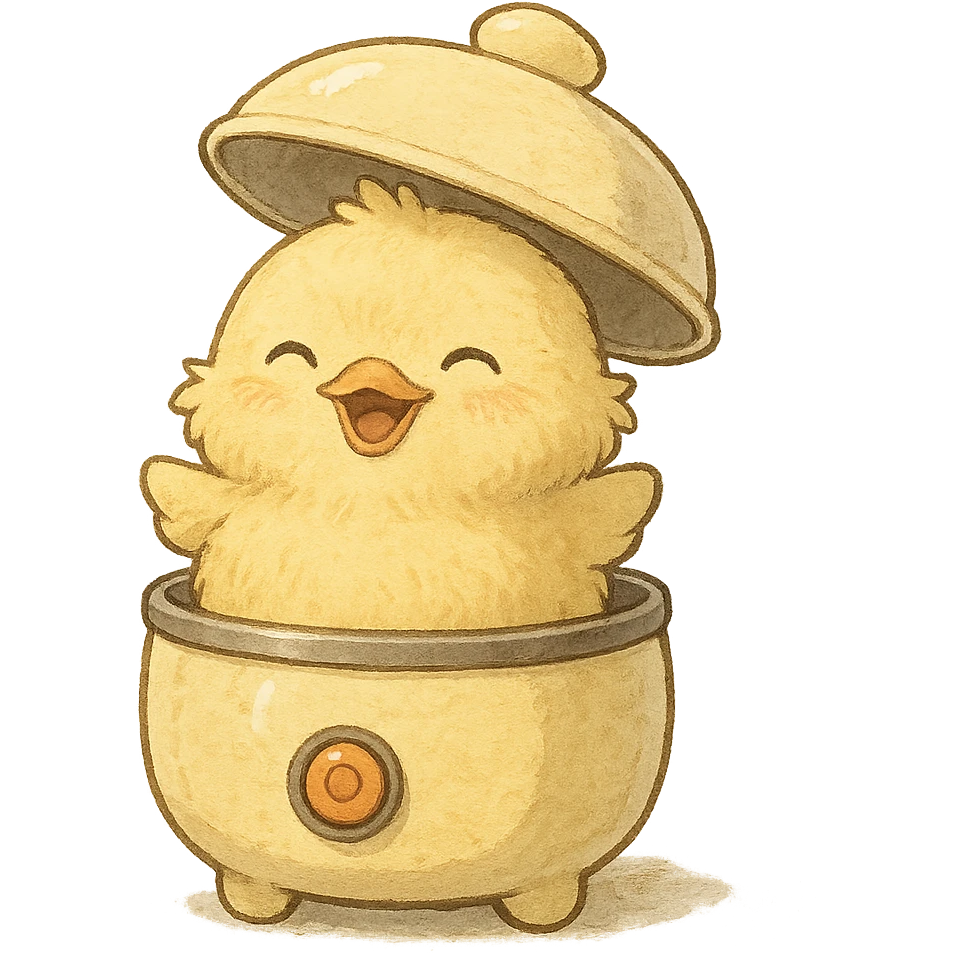chibi soft fluffy chick designed as an egg cooker animal, popping out of the lid, smiling brightly, soft yellow tones, full-body, 电器拟动物风格 emoji