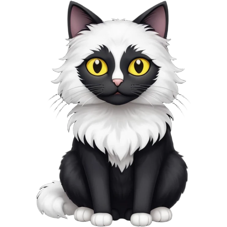create an image of a black cat with yellow eyes and a white spot on the chest the cat is sitting looking forward in illustration style emoji
