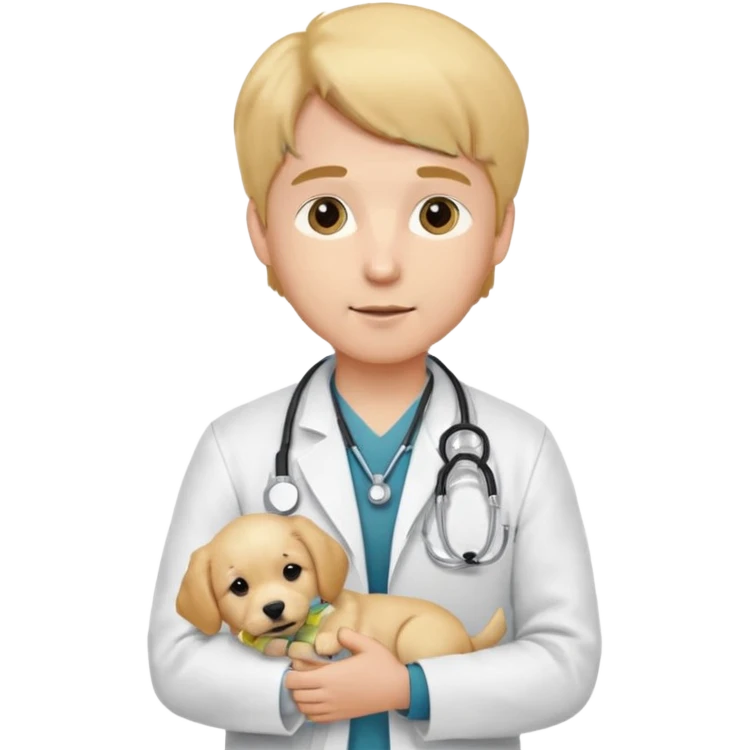 Young male vet – white coat, stethoscope, holding puppy. emoji