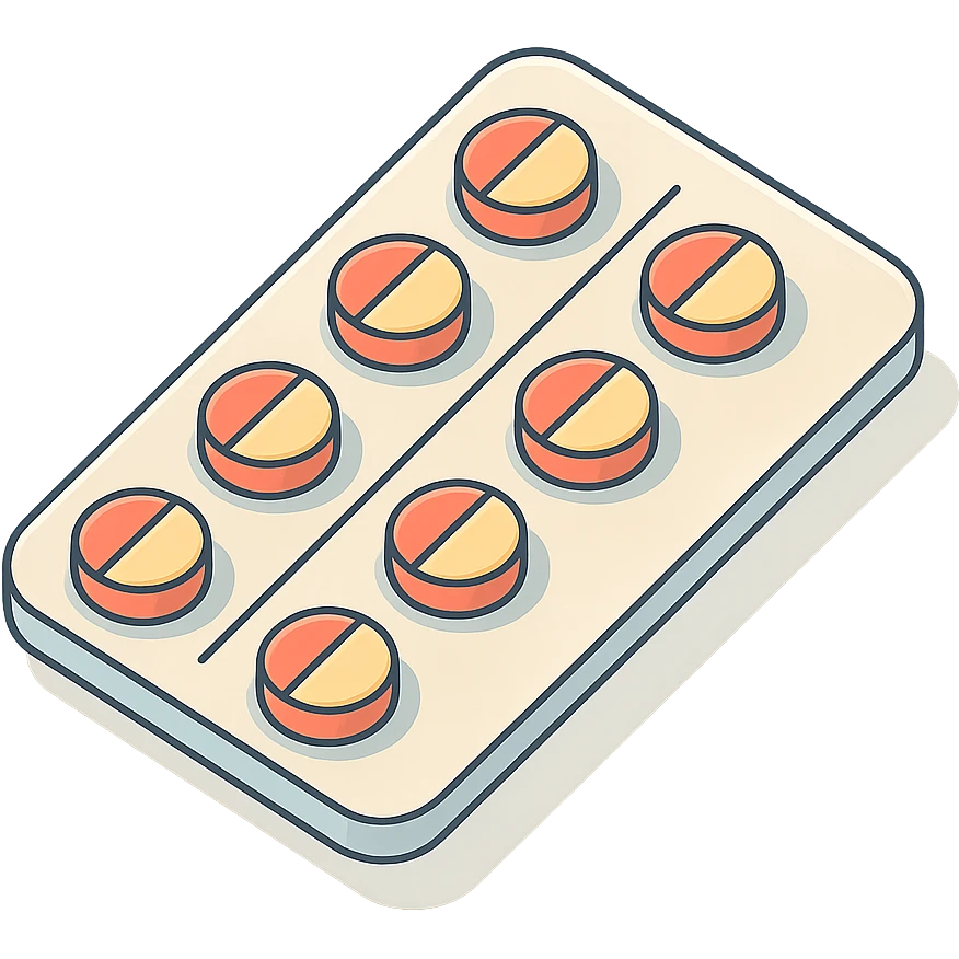 blister pack with pills, 2D isometric style, soft rounded shapes, clean contours, pastel palette, detailed shadows and highlights, modern illustration emoji