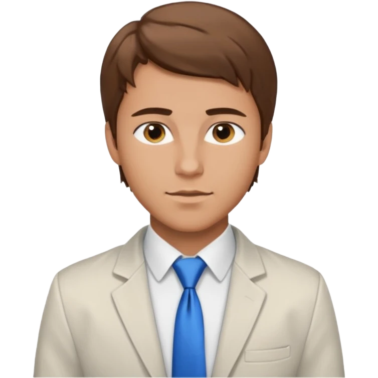 un homme type caucasien brun plutot jeune avec des jolies traits avec une chemise blanche et une veste a manche longues et cravate bleu il a les yeux marron emoji