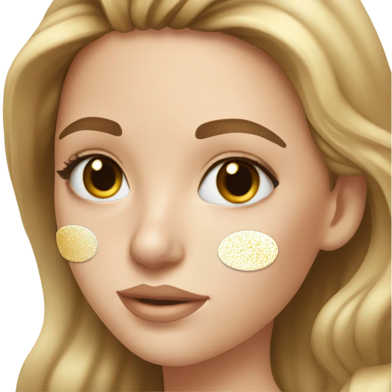 White Skin care on white freackles skin of a brunett blue eyed girl using Gold gel skin care patches under her eyes emoji