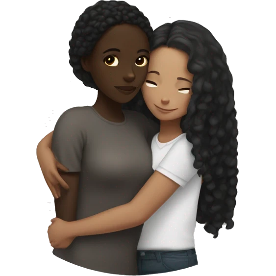Black girl with dark brown hair hugging a white girl with black hair  emoji