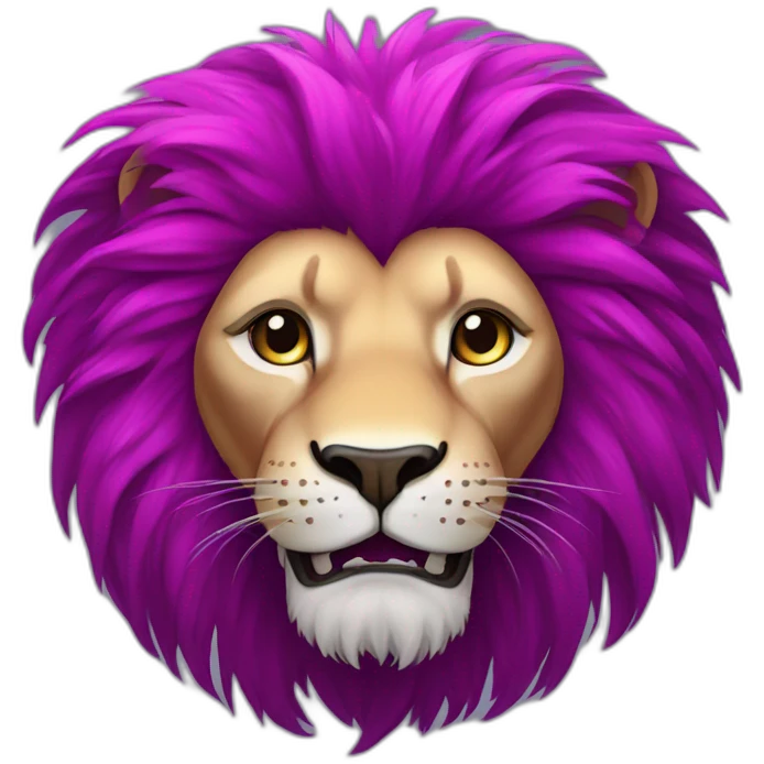 Lion with magenta hair, white left eye, closed right eye with scar, purple furr emoji