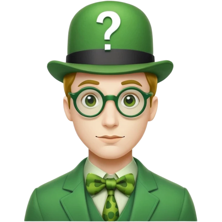 The Riddler villain from Batman with green suit, question mark symbols, bowler hat emoji