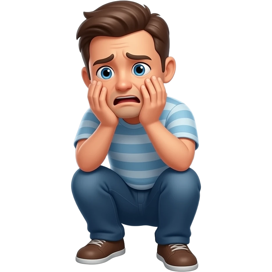 Frightened man crouching in a corner covering his face in fear emoji