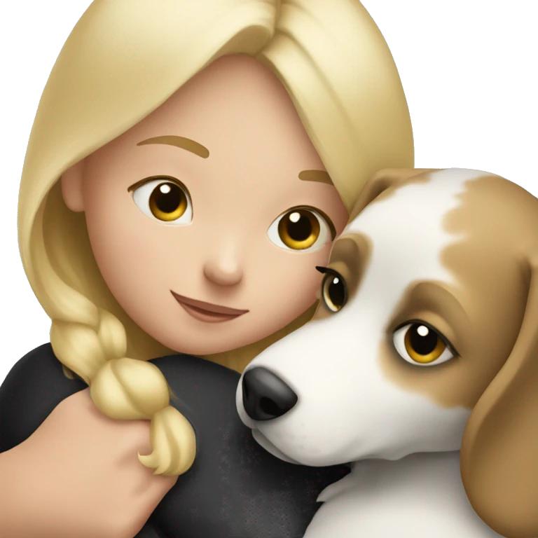 Blonde child snuggling with black and white dog emoji