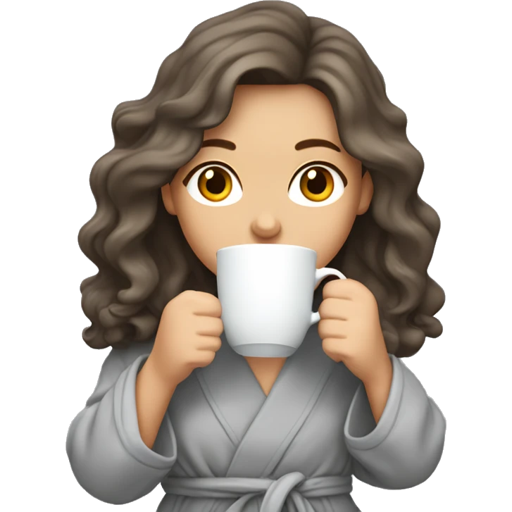 Brunette white girl with wavy long hair sipping a cup of tea in a grey dressing gown  emoji