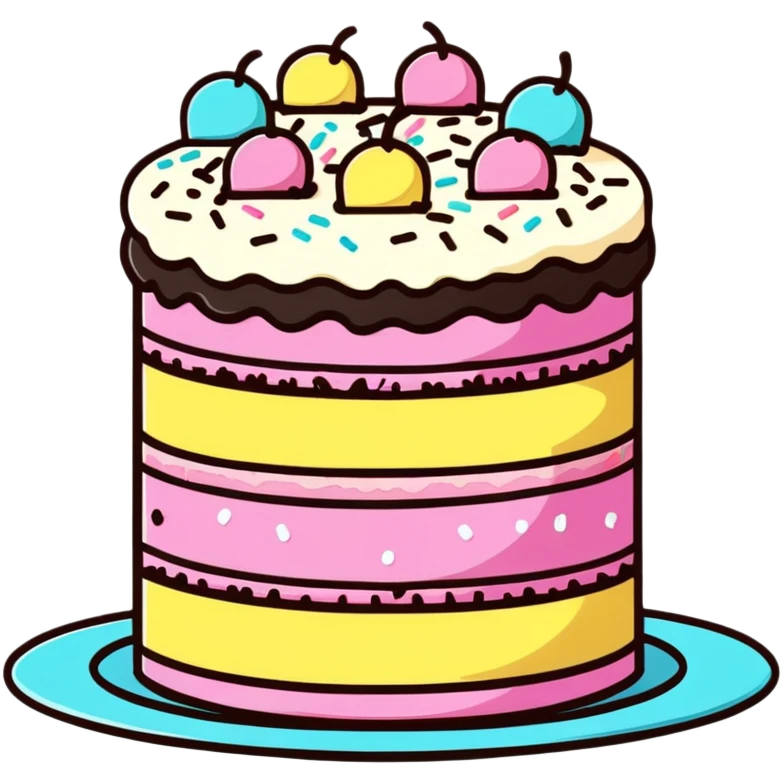 Colorful whole round layer cake with sprinkles and decorative icing emoji