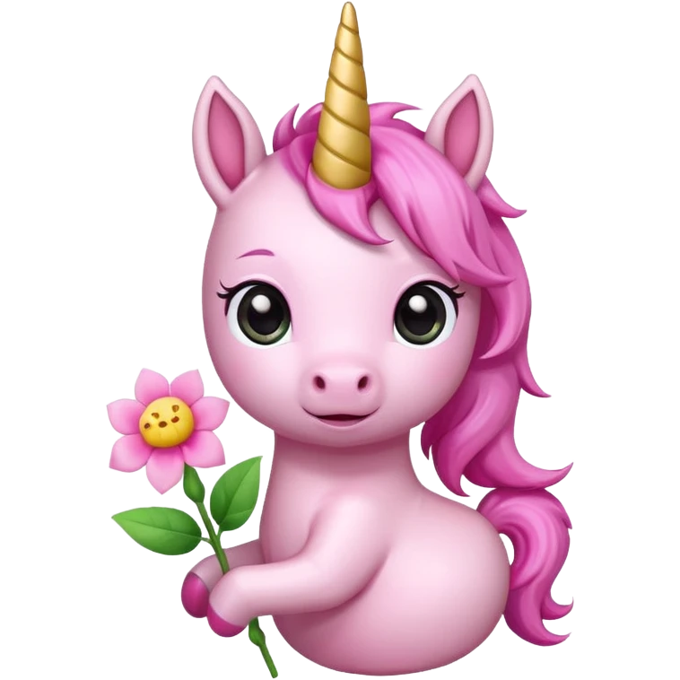 Cute happy anime style pink baby unicorn holding a flower 
 emoji