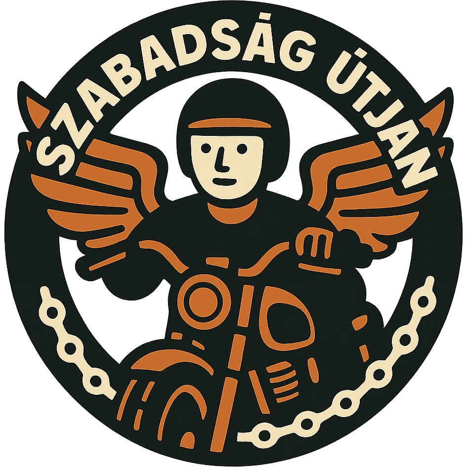 circular design for motorcycle cap, transparent background, text 'Szabadság Útján' in Hungarian, cool style, motorcycle motifs like wings, chain, motorcycle emoji