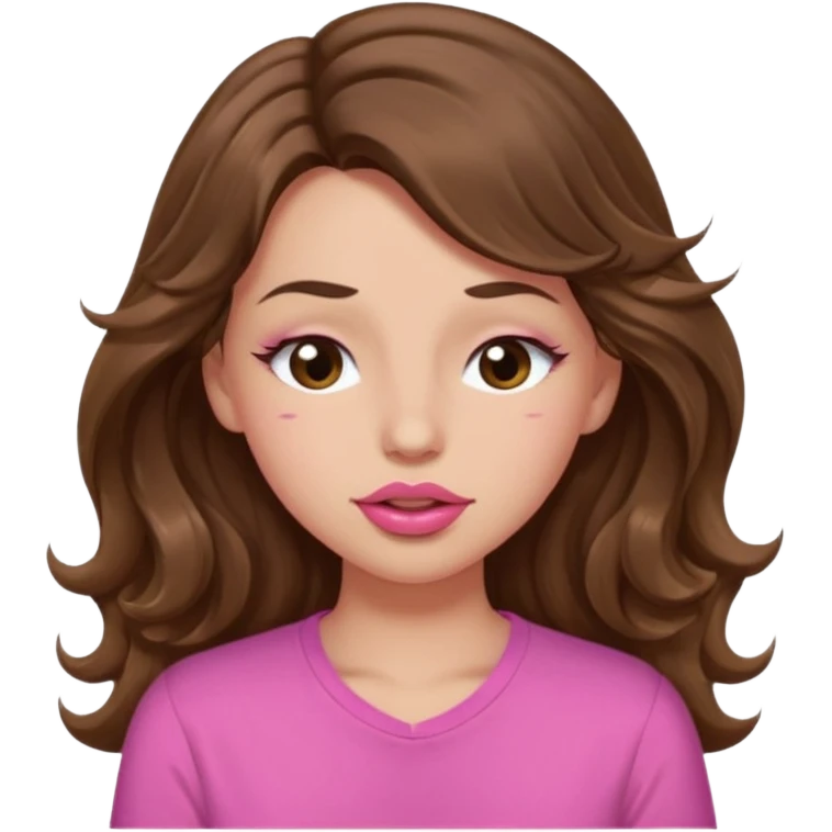 girl with long wavy brown hair, brown eyes, light to medium complexion, in a pink shirt, pink lips, long lashes, puckering lips kissing, winking with one eye closed emoji