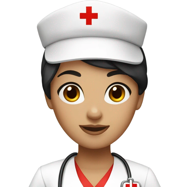 pixie cut black hair female nurse with red cross sign hat wearing dress emoji
