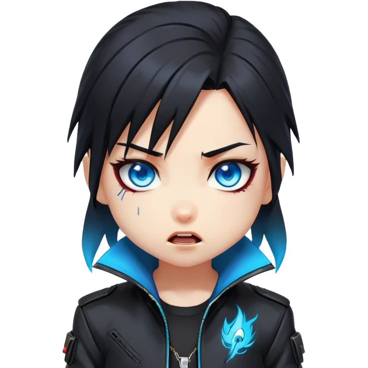 Black hair cyberpunk 2077 chibi girl with blazing blue eyes and black jacket. All emotion reactions emoji