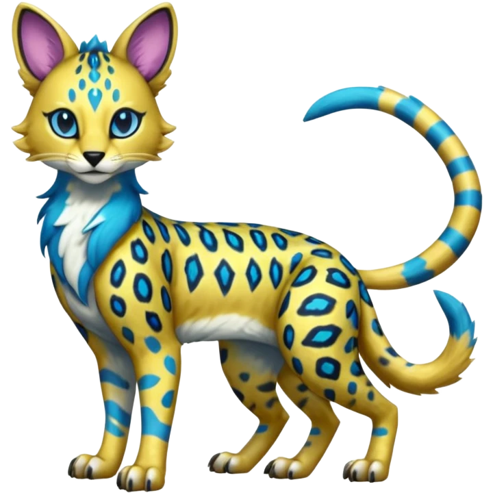 Colorful Golden Gold Shiny Lombax-Sergal-Vernid-Serval-Civet-Genet-Pokémon-Digimon-Fakémon-fusion-hybrid-creature with Cyan stripes and blue leopard-spot-markings  emoji