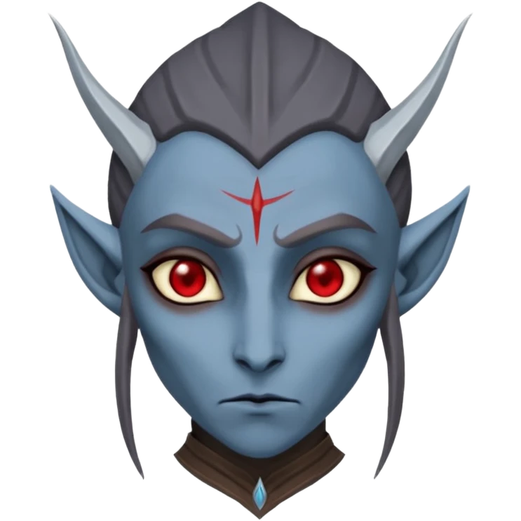 sad face emoji styled as a dark elf Dunmer from Elder Scrolls, grayish-blue skin, red eyes, pointed ears emoji
