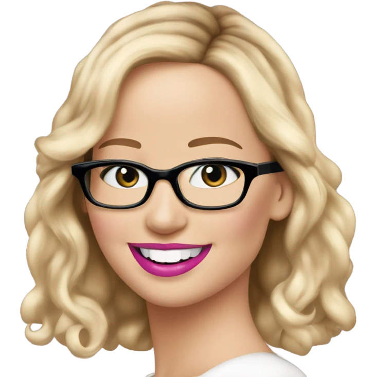 Happy Jennifer Lawrence,  blu eyes wearing glasses and pink lipstick  emoji
