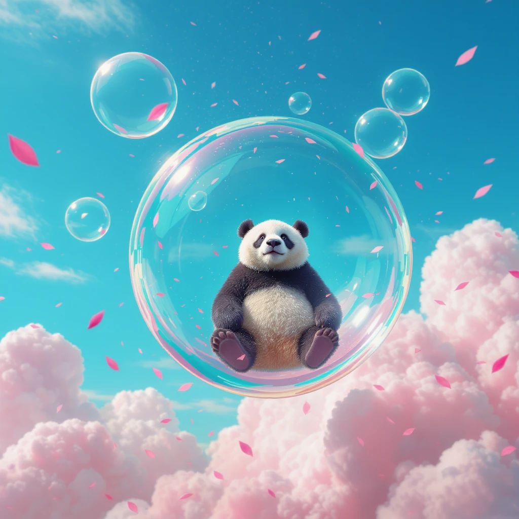 Realistic, Minimalistic Cinematic still of pandas bears sitting inside flying bubbles, blue sky filling background , pink clouds, pink leafs falling around emoji