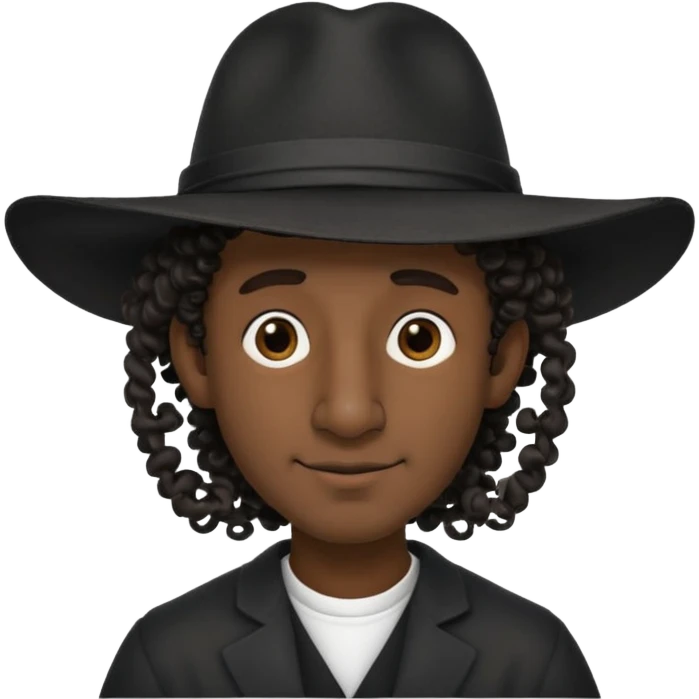 A man with a big nose and a black hat like a top hat but round and all black, with a strand of curly hair coming out from both sides of the hat, the strand of hair should be long  emoji