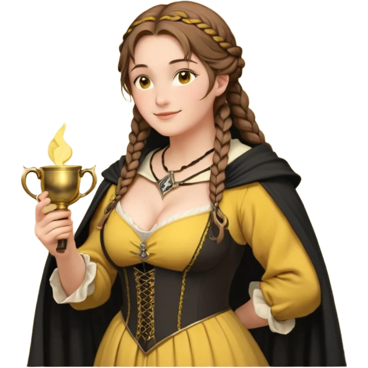 Helga Hufflepuff, half-turned in profile,brown-haired,2 braids,yellow-black medieval open dress,deep neckline,fat macromastia,black cloak decorated with gold braiding,wand,gold cup with two handles,very kind smile,curvy busty sweet woman,round rosy cheeks,full length with medieval shoes emoji