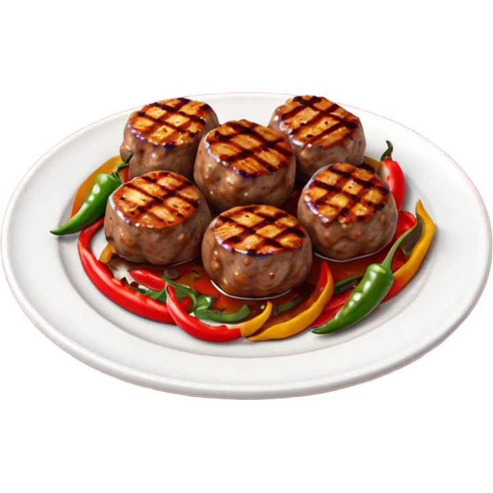 Akçaabat meatballs object icon, grilled Turkish kofte pieces on a plate, smoky char marks, juicy texture, served with grilled peppers and tomatoes, 3D cartoon, mobile game icon style, centered, clean background, no text, no watermark
 emoji