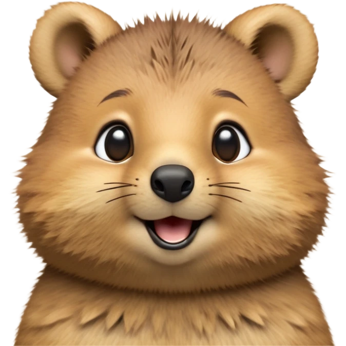 cinematic-realistic quokka-emoji,-small-round-frame, head tilted in an endearing manner, comical smile, round cheeks, giant-fluffy-cheeks-large-smile-fluffy-brown-fur-radiating-a-warm-softness,-big-round-eyes-filled-with-joy, realistic round  fluffy zoomed in, large black eyes one paw raised in the air emoji