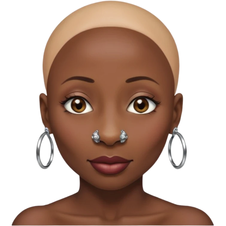Grown black (proud) woman, bald with a perfect head, a prominent nose with a septum piercing, many piercings on her ears, a gap between her front teeth and very long nails (cynthia erivo) emoji