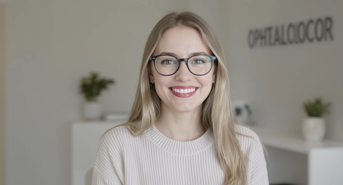Cinematic still of a smiling european white woman with glasses smiling, minimalistic ophthalmologist interior in background, leading  lines, rule of thirds emoji