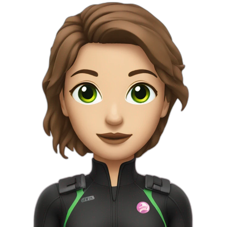 woman with green eyes, large and straight brown hair, pink diving underwater black suit gear emoji