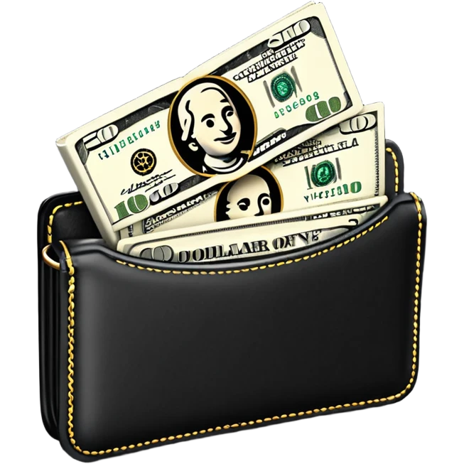 Rich emoji style black leather wallet with dollar bills, luxury money vibe, premium 3D emoji, ultra clean, high detail, no background
 emoji