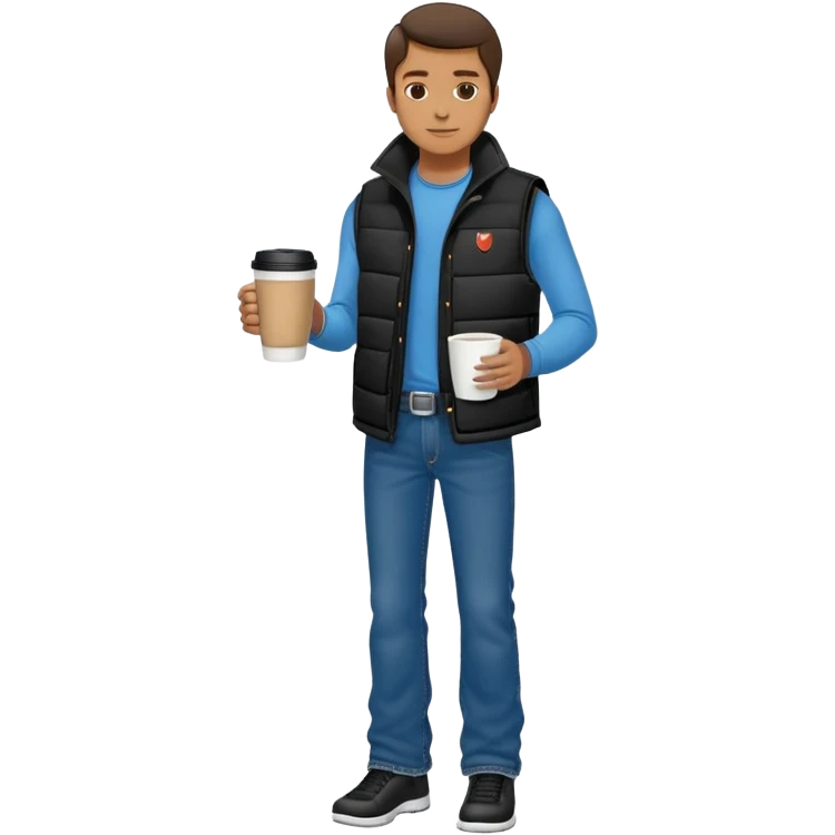 full body man with plain black puffy winter vest with no pockets over long sleeved shirt wearing straight levi boot cut levi blue jeans with no cuffs and tennis shoes holding coffee mug in his hand emoji