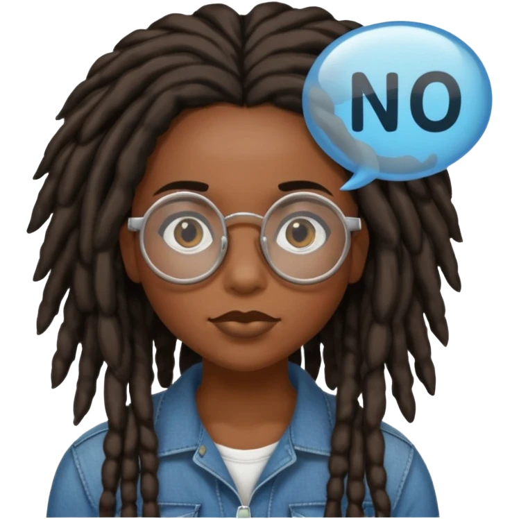 darker skin female with dark dreadlock hair wearing large round glasses with a word bubble that says no emoji
