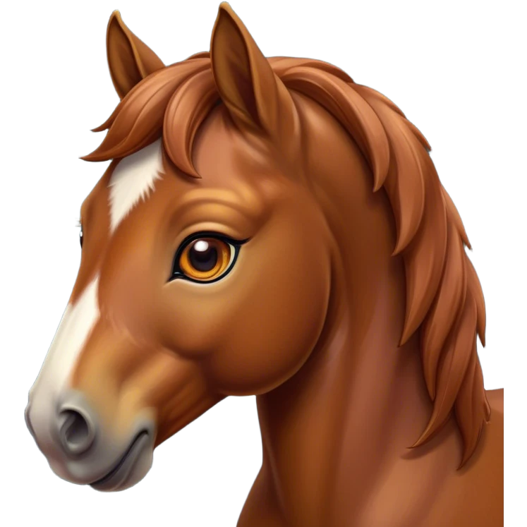 Cinematic Cute Chestnut Horse Portrait Emoji, Head tilted playfully and inquisitively, showcasing a glossy chestnut fur with a vibrant sheen and gentle, expressive amber eyes, Simplified yet irresistibly adorable features, highly detailed, glowing with a warm, friendly glow, high shine, affectionate and spirited, stylized with a touch of whimsy, bright and endearing, soft glowing outline, capturing the essence of a mischievous yet loving horse, so playful it feels like it could prance out of the screen and into your arms! emoji