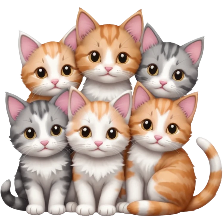 6 tiny kittens cuddling together all various different natural colours including grey and white, ginger and white, calico, grey, and brown tabby and white emoji
