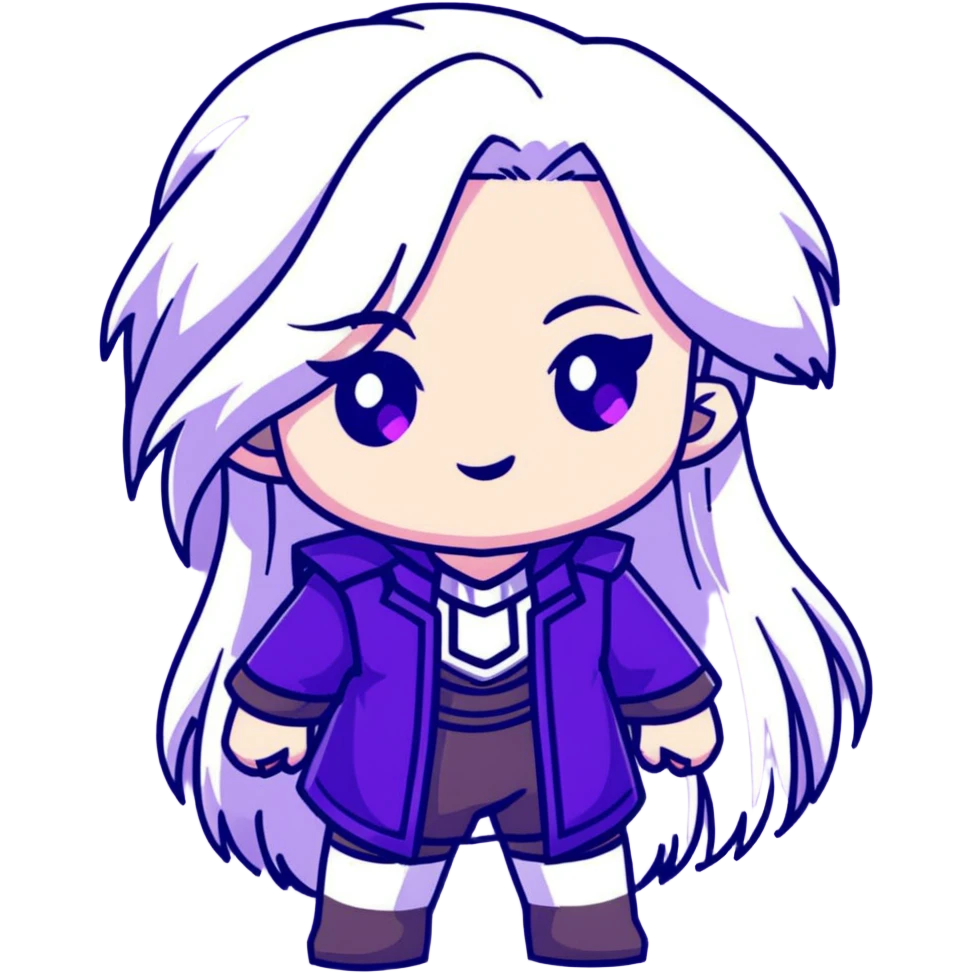 Chibi Sable Ward from Dead by Daylight with long white hair with purple streaks and fully purple eyes, detailed and expressive, cute exaggerated style with large expressive eyes and clear emotion emoji