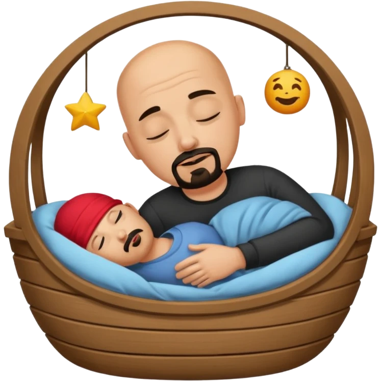 a bald, tan man who has a black goatee sleeping in a cradle emoji