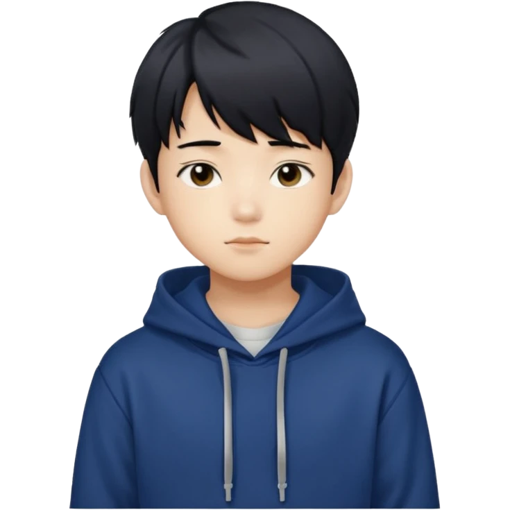 스트레이키즈 필릭스를 닮은 흑발에 앞머리를 덮은 엄청 잘생긴 14세 한국소년/ 옷 색깔은 남색 후드티 emoji