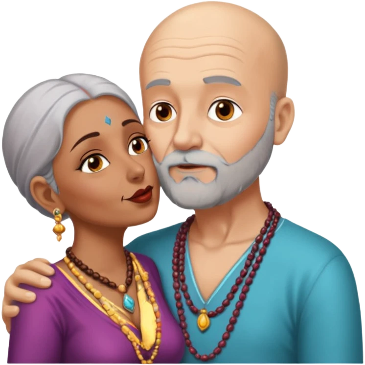 A man in his 60s balding with a grey beard passionately kissing the vagina  of an Indian woman in her 40s wearing a beads chain with here cleavage visible and embracing the man emoji