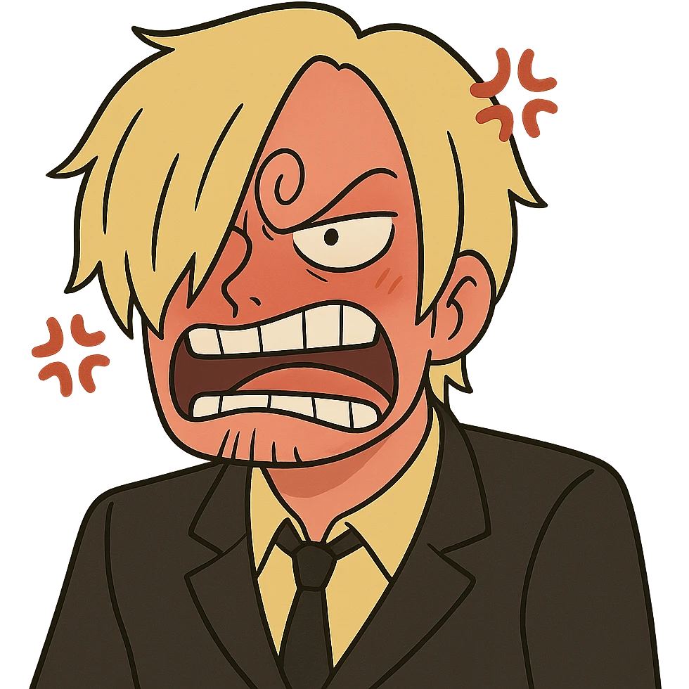 Sanji from One Piece, cartoon style, furious, curly eyebrow, blond hair, black suit, red face, comic anger marks emoji