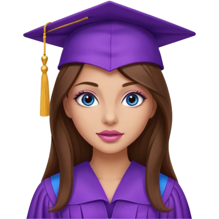 pretty girl with beautiful extremely long brown hair, blue eyes, long lashes makeup, sexy pink lips, wearing a purple graduation cap and gown emoji