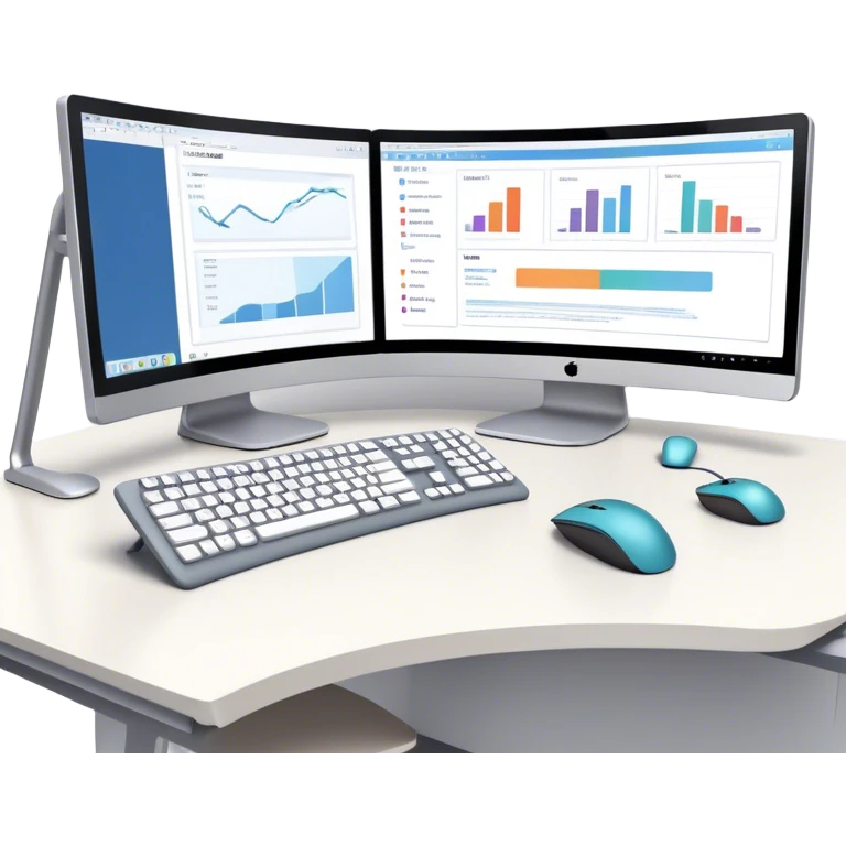 Create an emoji for UX/UI design. Show two large curved monitors displaying UX/UI design interfaces. Include a mouse, keyboard, and stylus next to the screens. Use modern, professional colors. Do not include any emojis or smiley faces. Make the background transparent. emoji