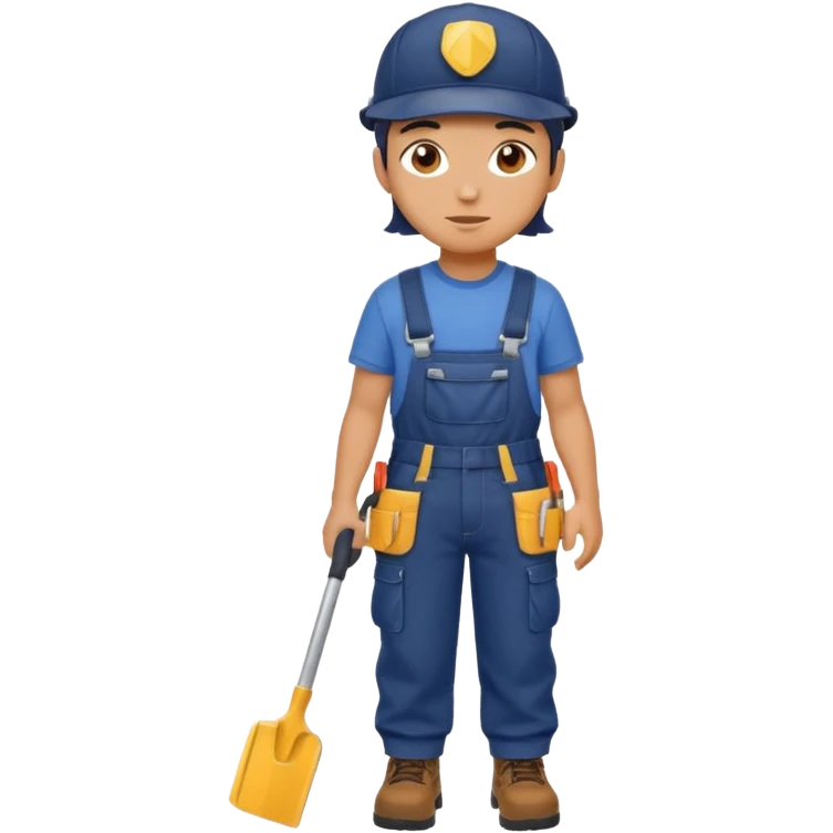 Repairs and Maintenance, Young, wearing navy overalls, a cap and having tool belt, full body emoji