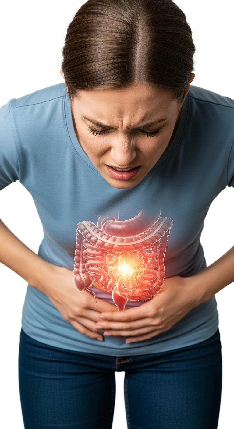donna piegata in avanti frontalmente con mal di pancia, espressione di dolore in volto in primo piano e intestino anatomico in evidenza, iperrealistico 4k, sfondo bianco emoji