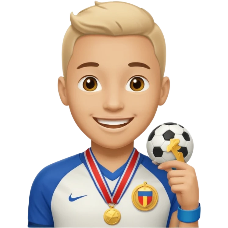 Happy light soccer player with a first-place medal
 emoji