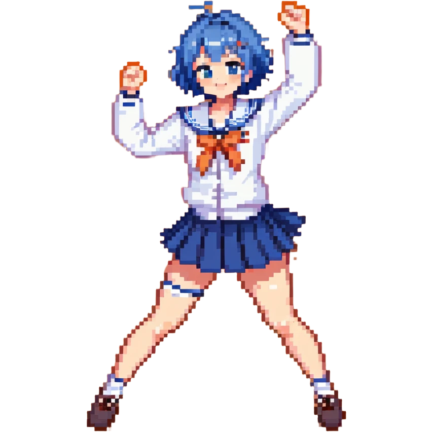 Pixel art energetic anime girl with short blue hair wearing Japanese sailor style school uniform, striking a victory pose, very cheerful emoji