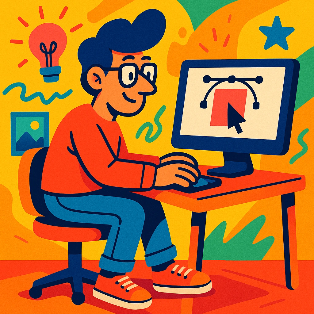 designer working at a computer, vibrant cartoon style emoji