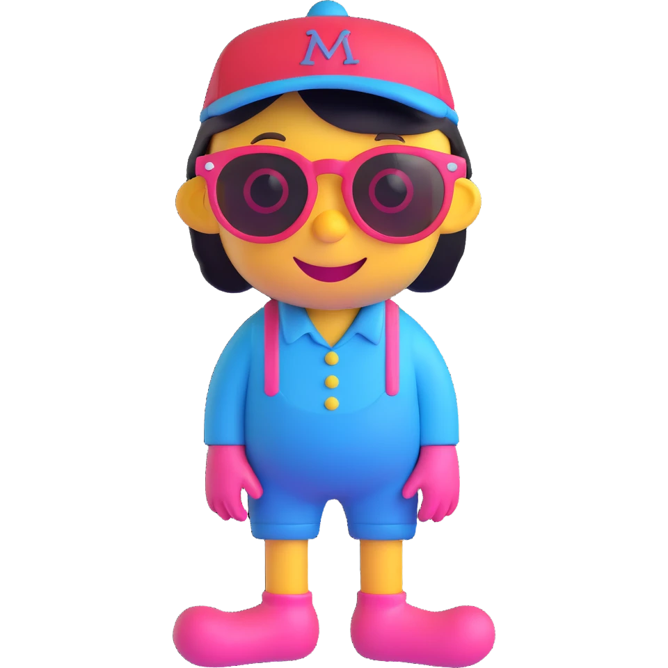 red and white character with pink eyes, wearing blue sunglasses, smiling, red socks, black and yellow hat emoji