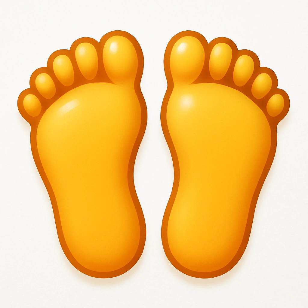 Create a feet emoji inspired by the reference image, showing both feet in a simplified and smooth classic emoji style. Add a slight shine to the feet to enhance the emoji-like appearance. emoji