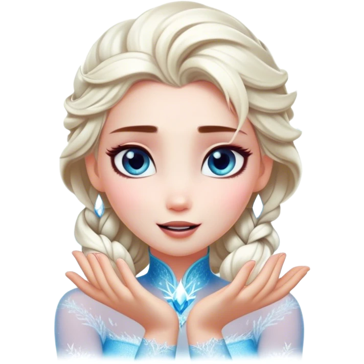 Cinematic Playful Elsa Portrait Emoji, Blowing frost from her hands in a dazzling display, eyes filled with mischief, exuding a magical charm that is both fun and enchanting! emoji